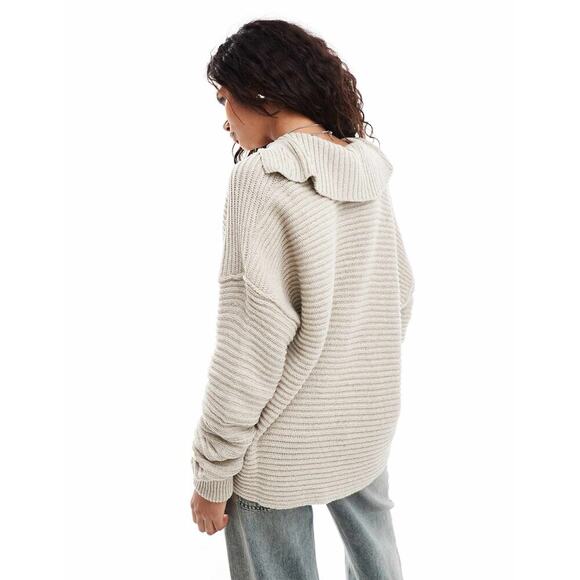 Free People Marlie Deep Ribbed Sweater Size Small Cream Collared V Neck Relaxed - Picture 2 of 13